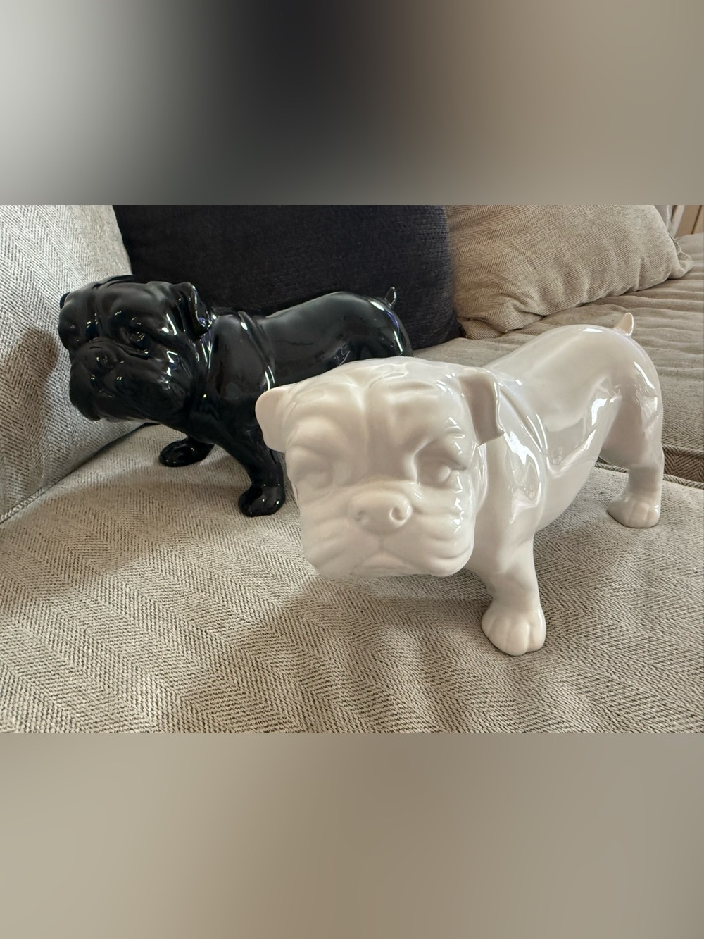 Large 12" Ceramic Bulldog Statues Black & White Set of 2 Glossy Dog Decor